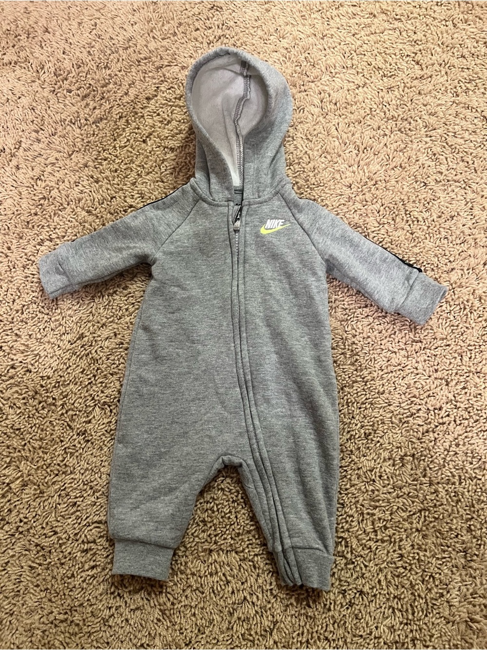 Nike Gray Hooded Baby One-Piece with Neon Swoosh
